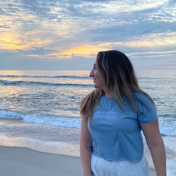 Inner Thoughts Light Blue Embroidered Take Me To Sunset Central Cropped Tee - Picture 4 of 6